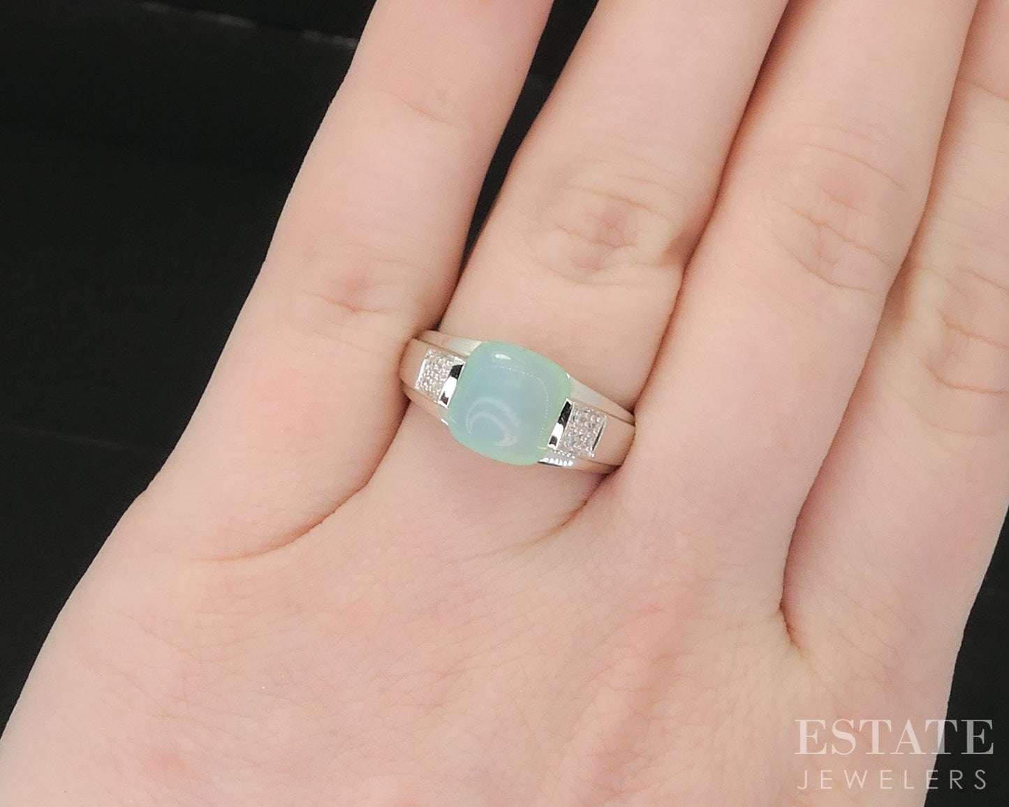 14k White Gold EFFY Cabochon Natural Blue Chalcedony & Diamond Ring 4.6g i19038b