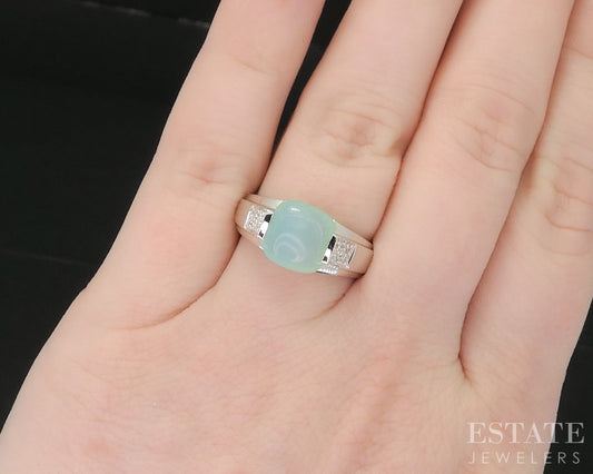 14k White Gold EFFY Cabochon Natural Blue Chalcedony & Diamond Ring 4.6g i19038b