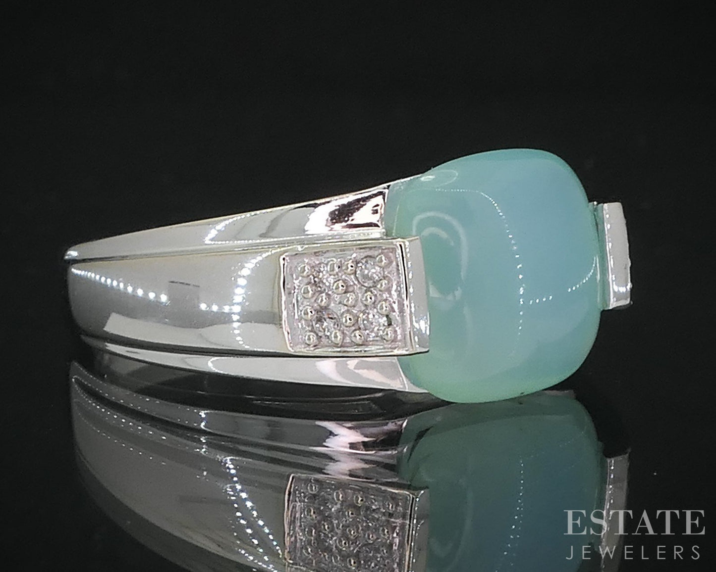 14k White Gold EFFY Cabochon Natural Blue Chalcedony & Diamond Ring 4.6g i19038b