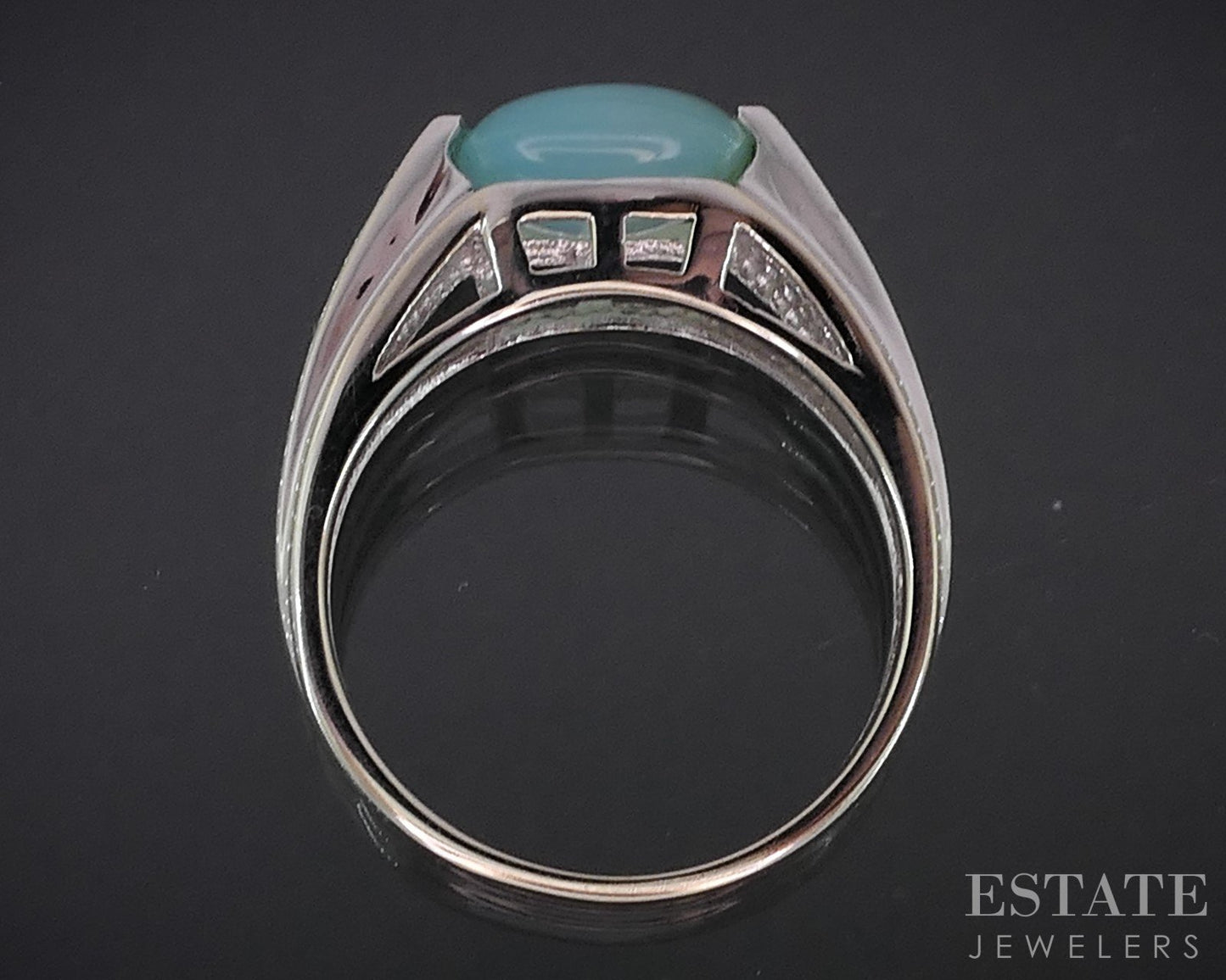 14k White Gold EFFY Cabochon Natural Blue Chalcedony & Diamond Ring 4.6g i19038b
