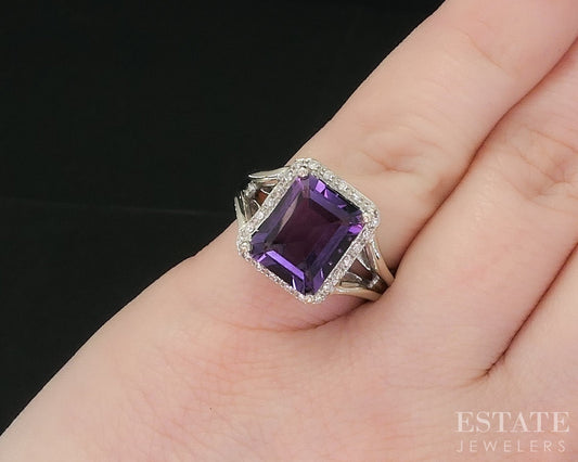 14k White Gold Emerald Natural Amethyst & Diamond Ladies Halo Ring 6.1g i19047b