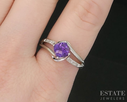 10k White Gold Natural Amethyst & Diamond Bypass Ladies Ring 3.8g i19045b