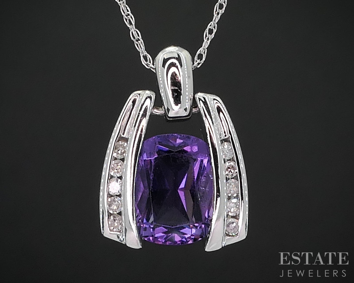 14k White Gold Natural Amethyst & Diamond Ladies Necklace 2.6g 18"L i19034b