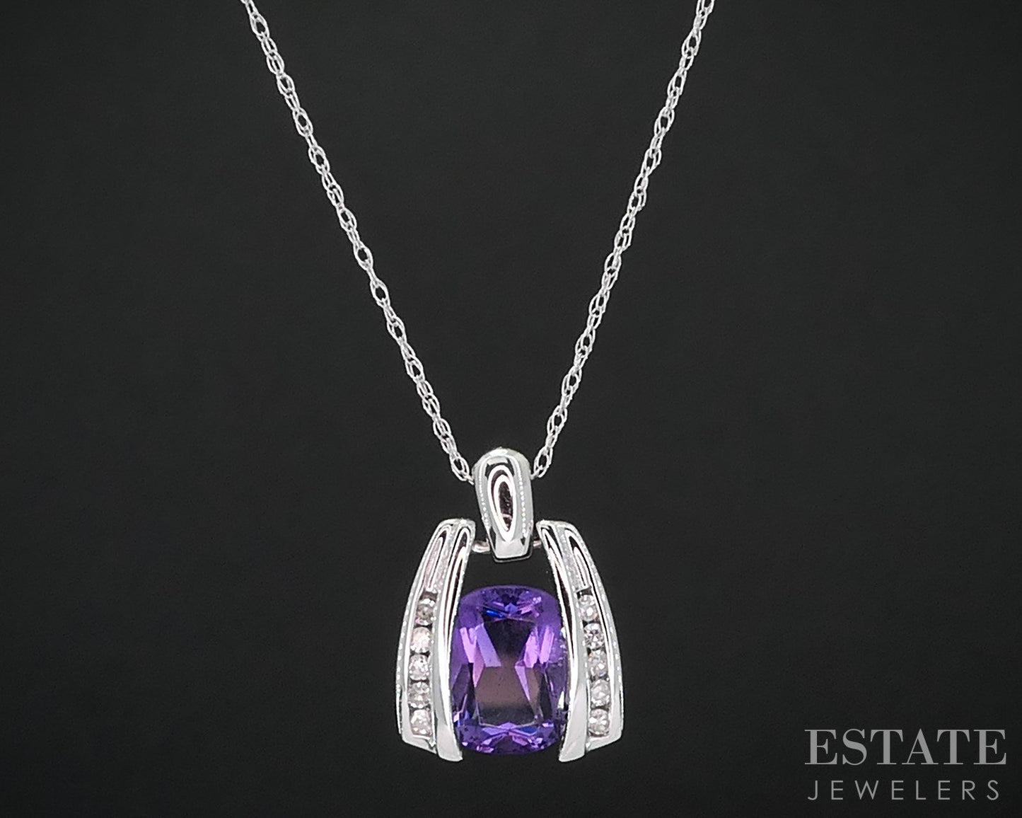 14k White Gold Natural Amethyst & Diamond Ladies Necklace 2.6g 18"L i19034b