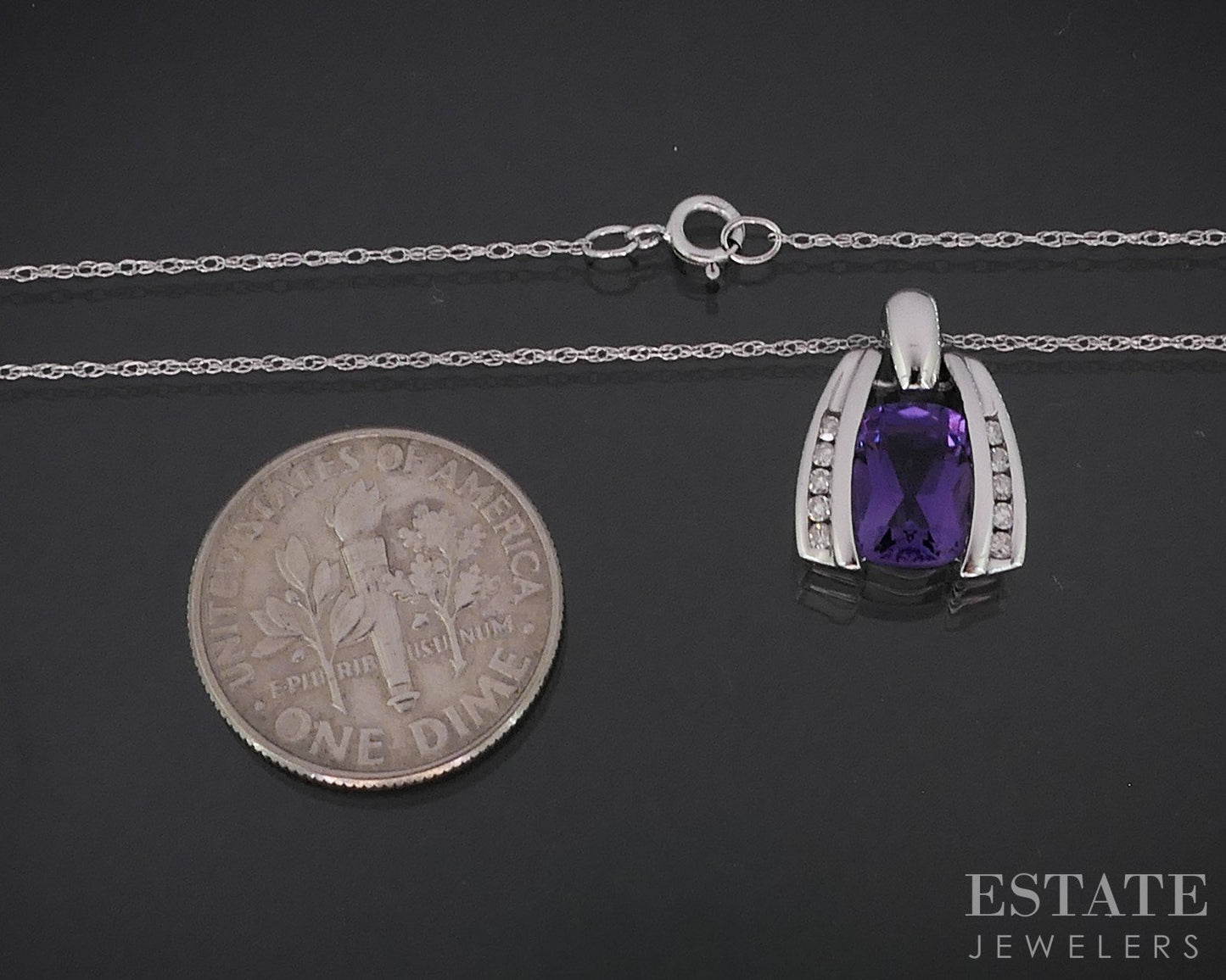 14k White Gold Natural Amethyst & Diamond Ladies Necklace 2.6g 18"L i19034b