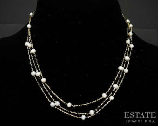 14k Yellow Gold 4.5mm Cultured Pearl Layered Collar Necklace 5.3g 16"L i19037b