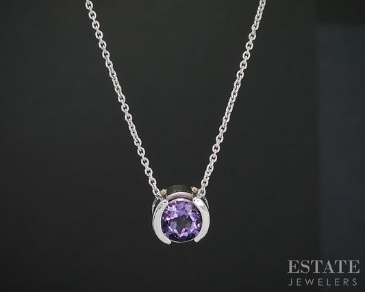 14k White Gold Round Natural Amethyst Bezel Solitaire Necklace 2.3g i19032b