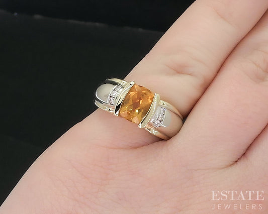 14k Yellow Gold Cushion Natural Citrine & Diamond Ladies Ring 6.5g i19092