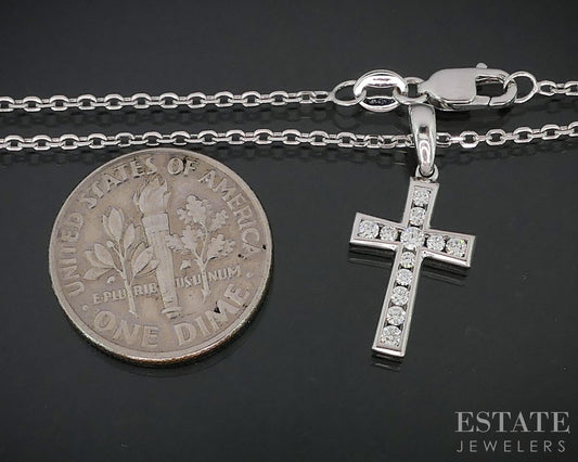 14k White Gold Natural .10ctw Diamond Cross Ladies Necklace 3.2g 18"L i19096