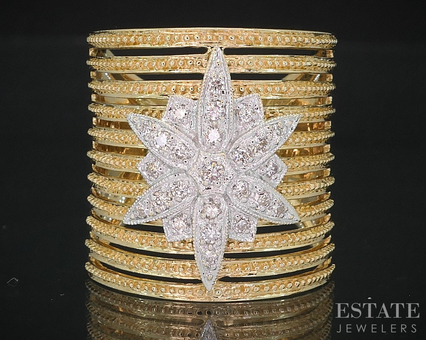 18k Yellow Gold Natural .34ctw Diamond Starburst Wide Band Ring 12.5g i19109