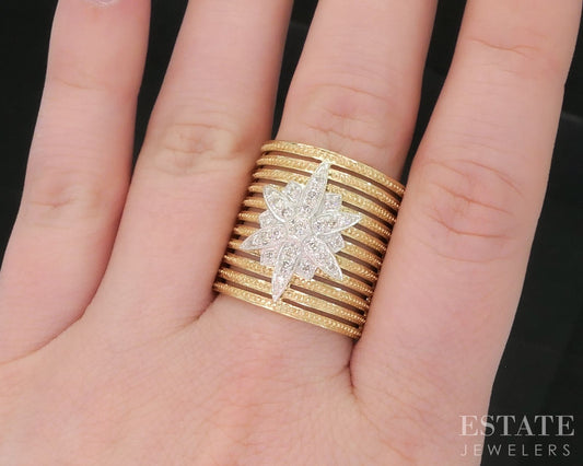 18k Yellow Gold Natural .34ctw Diamond Starburst Wide Band Ring 12.5g i19109