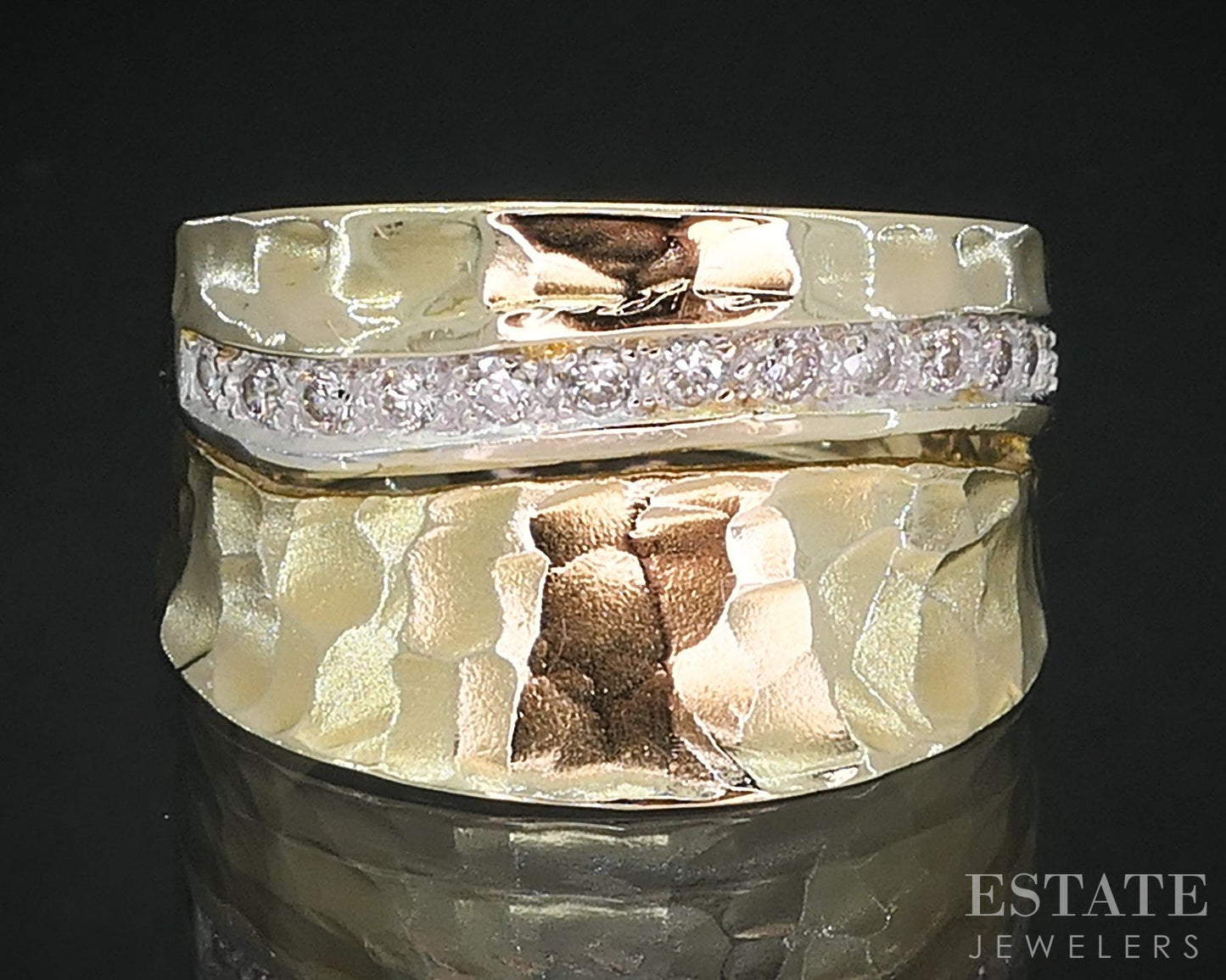 14k Yellow Gold I. Reiss Natural Diamond Hammered Faith Ladies Band 4.8g i19107