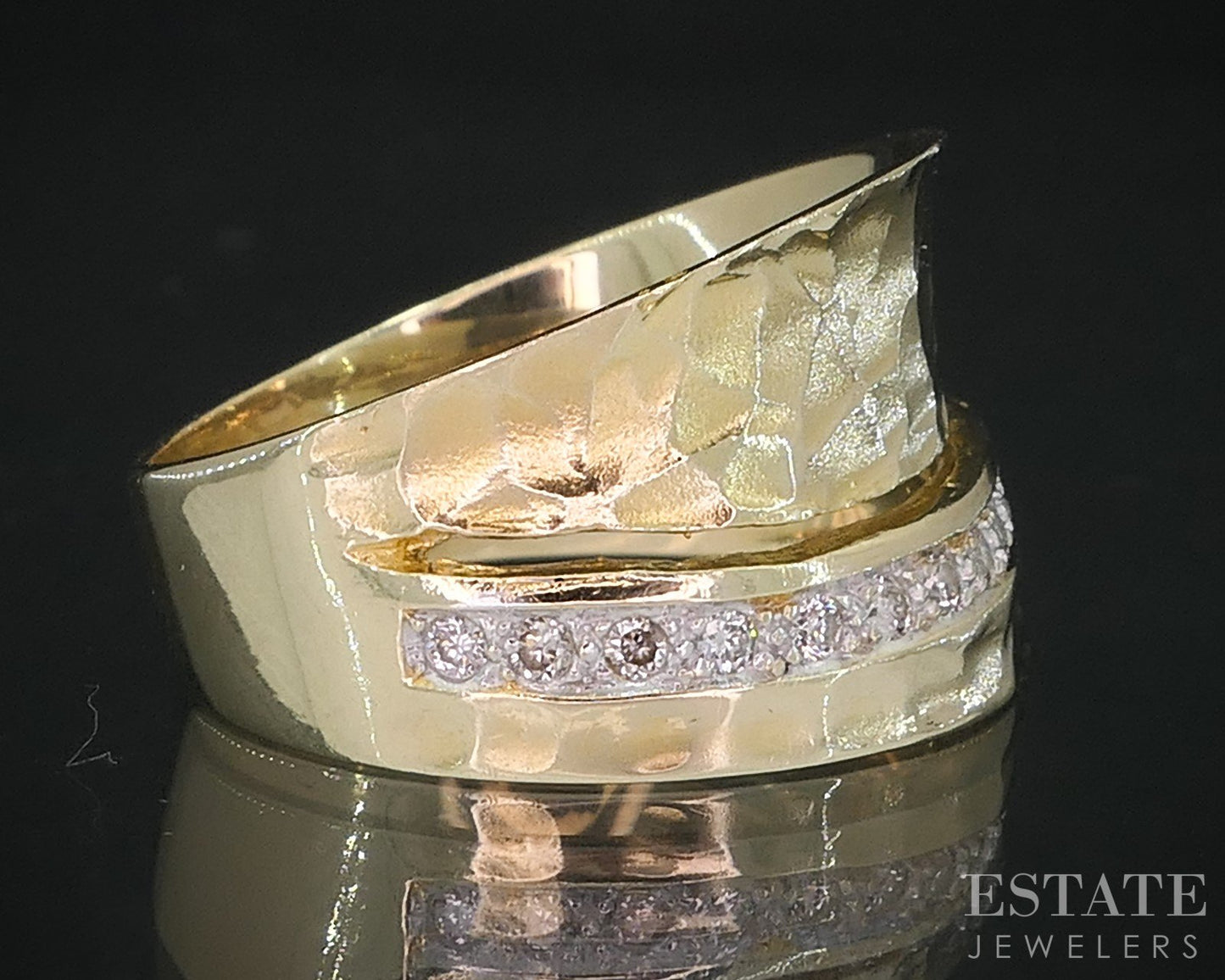 14k Yellow Gold I. Reiss Natural Diamond Hammered Faith Ladies Band 4.8g i19107