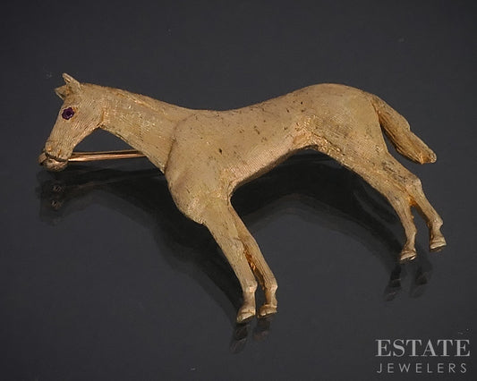 14k Yellow Gold Natural Ruby Eye Horse Ladies Pin Brooch 6.1g i19126