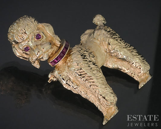 14k Yellow Gold Natural Ruby Poodle Dog Ladies Pin Brooch 13.1g i19127