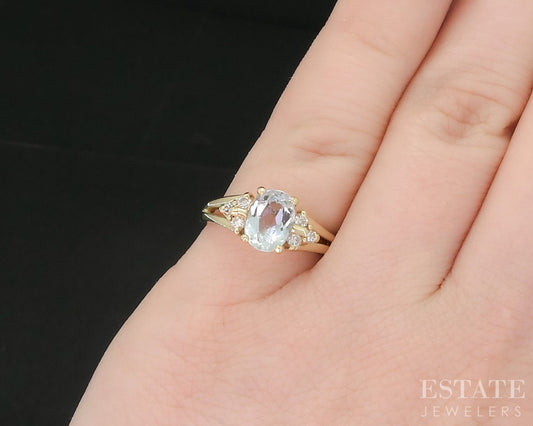 14k Yellow Gold Oval Natural 1ct Aquamarine & Diamond Ladies Ring 3.6g i19125