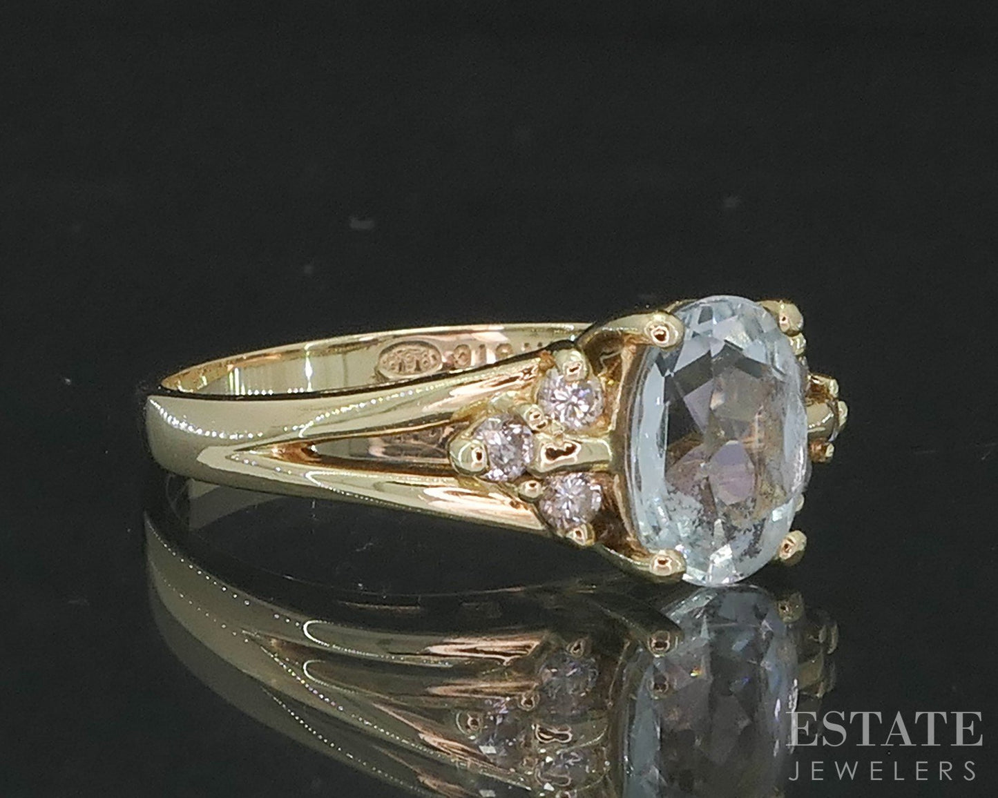14k Yellow Gold Oval Natural 1ct Aquamarine & Diamond Ladies Ring 3.6g i19125