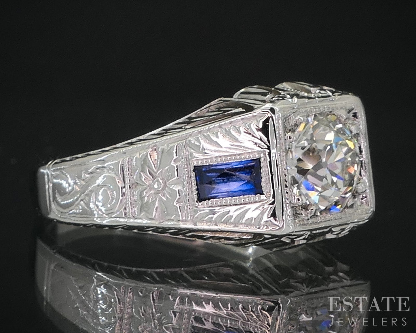 Antique Art Deco 18k Gold European .92ct Diamond Sapphire Engagement Ring i19101