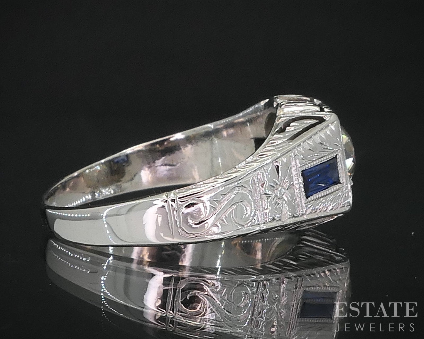 Antique Art Deco 18k Gold European .92ct Diamond Sapphire Engagement Ring i19101