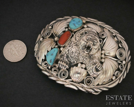 Vintage Sterling Turquoise & Coral M. Thomas Navajo Bear Belt Buckle 57g i19140
