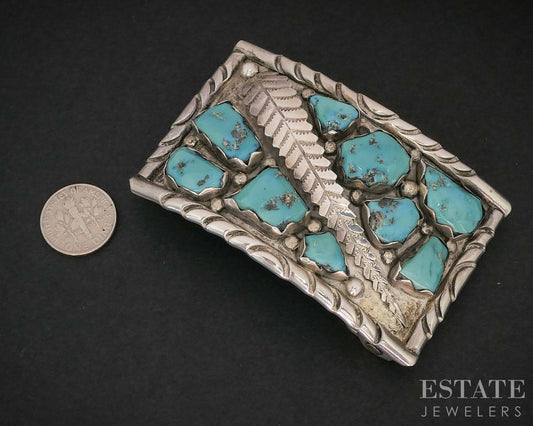 Vintage Sterling Wayne Cheanna Turquoise Feather Navajo Belt Buckle 52g i19137