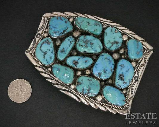 Vintage Sterling Timothy Lee Kingman Turquoise Navajo Belt Buckle 90g i19139