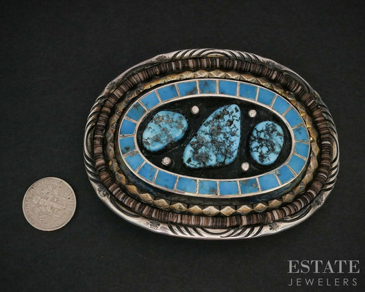 Vintage Sterling Rose & Allen Joe Boy Turquoise Navajo Belt Buckle 76g i19136
