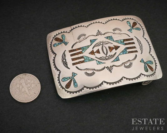 Vintage Sterling Gilo Grace Nakai Turquoise Coral Navajo Belt Buckle 33g i19135