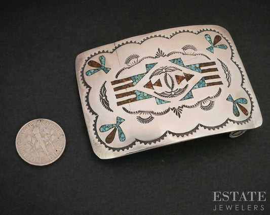 Vintage Sterling Gilo Grace Nakai Turquoise Coral Navajo Belt Buckle 33g i19135