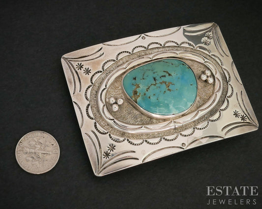 Vintage Sterling Rose & Allen Joe Boy Turquoise Navajo Belt Buckle 65g i19141