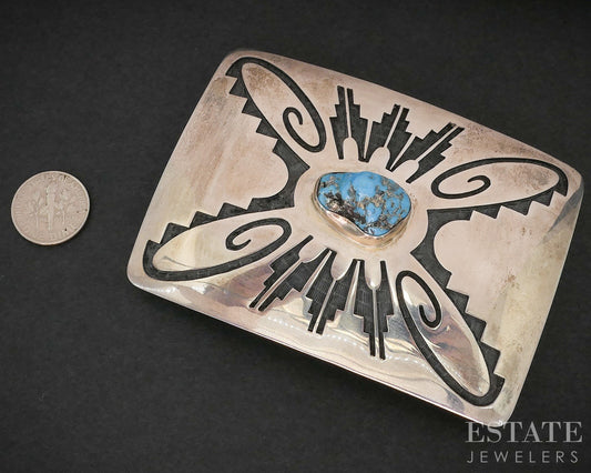 Vintage Sterling Norman Honie Jr. Turquoise Hopi Overlay Belt Buckle 80g i19142
