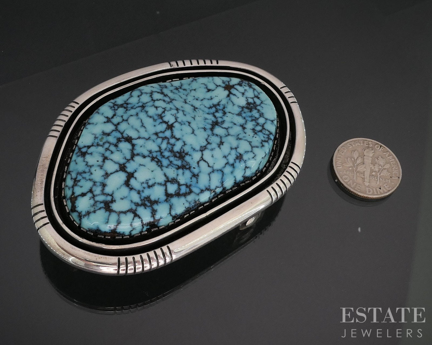 Sterling Mary Marie Yazzie Spiderweb Turquoise Navajo Belt Buckle 67g i19144