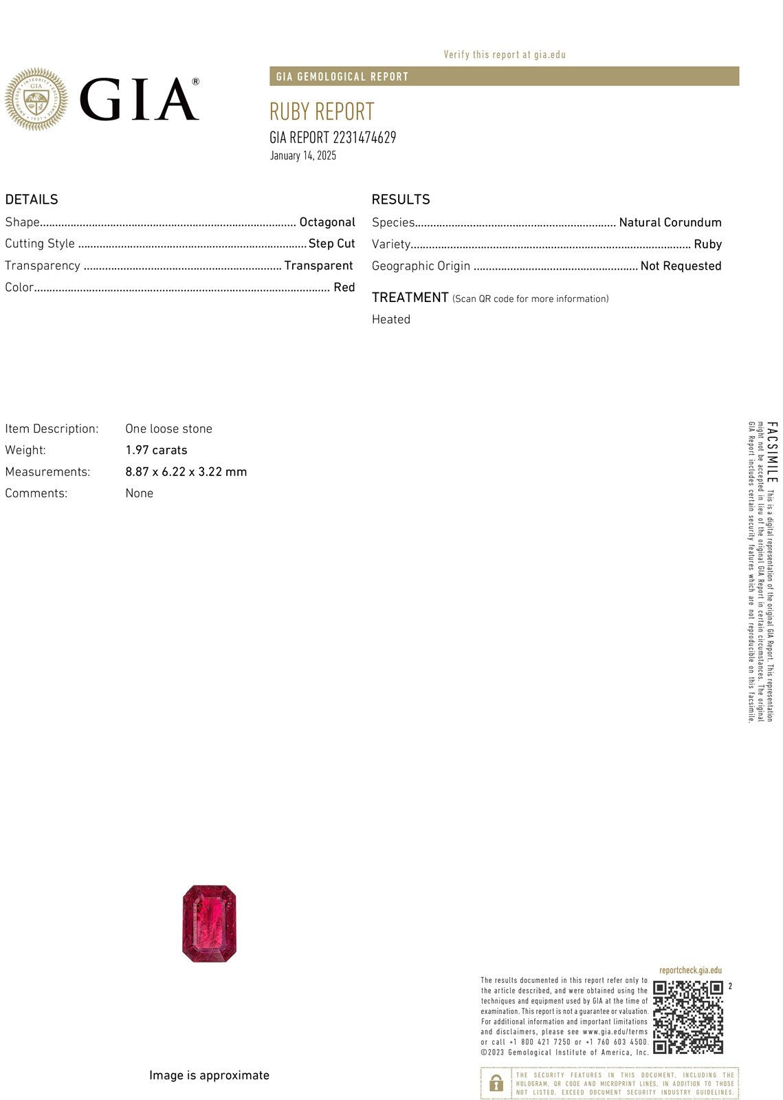 18k YG Platinum Octagonal Cut GIA Natural 1.97ct Ruby & Diamond Ring 5g i19129