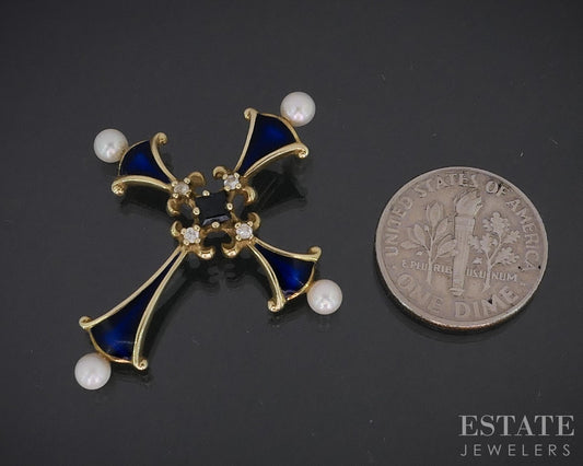 14k Yellow Gold Diamond Blue Sapphire Pearl Enameled Cross Pendant 3g i19161