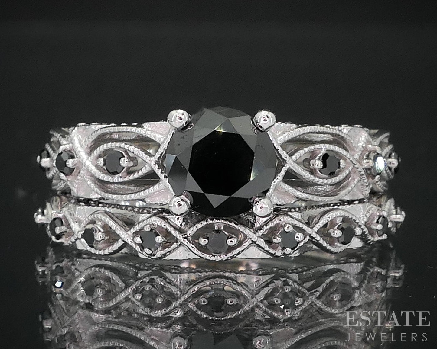 10k White Gold Round Natural 1.12ctw Black Diamond Wedding Set 5.7g i19159