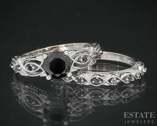 10k White Gold Round Natural 1.12ctw Black Diamond Wedding Set 5.7g i19159
