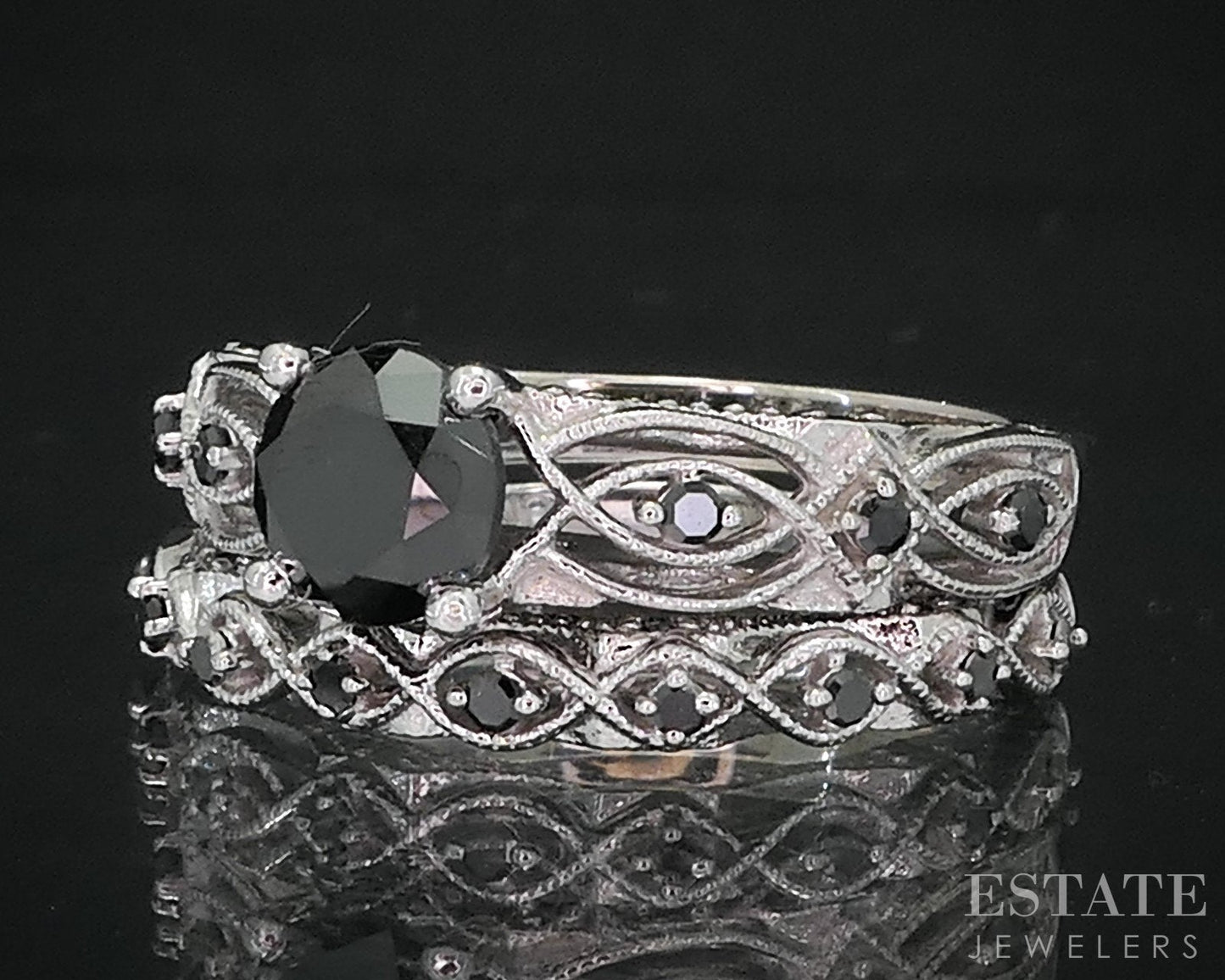 10k White Gold Round Natural 1.12ctw Black Diamond Wedding Set 5.7g i19159
