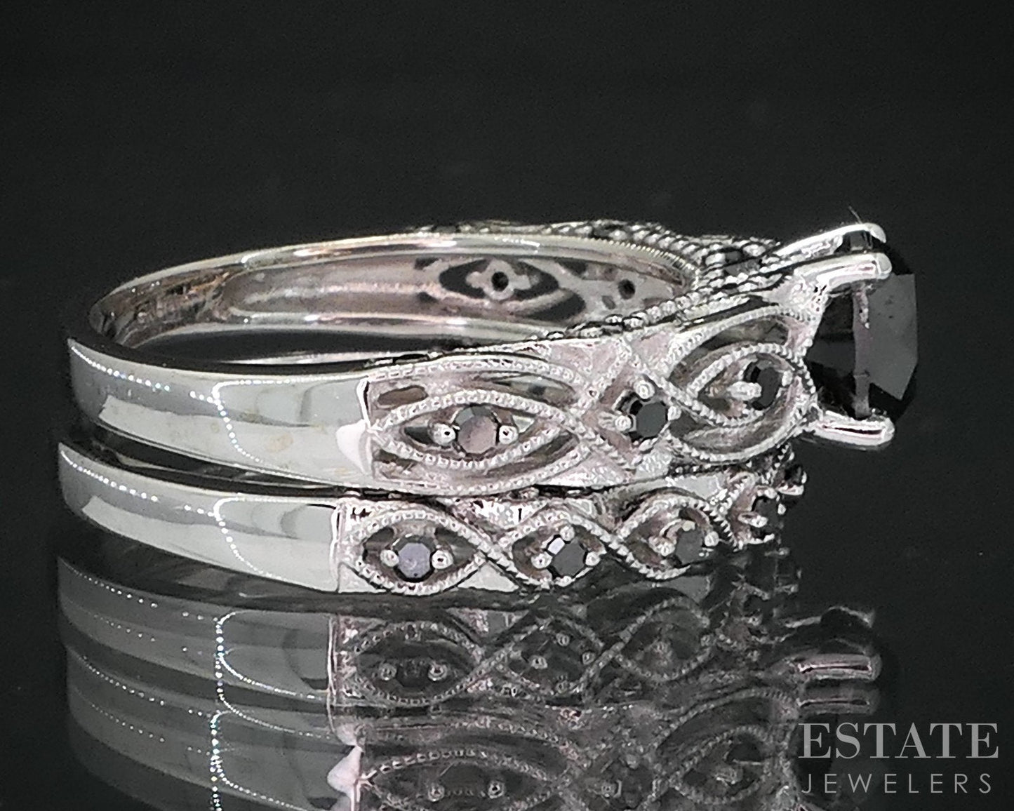10k White Gold Round Natural 1.12ctw Black Diamond Wedding Set 5.7g i19159