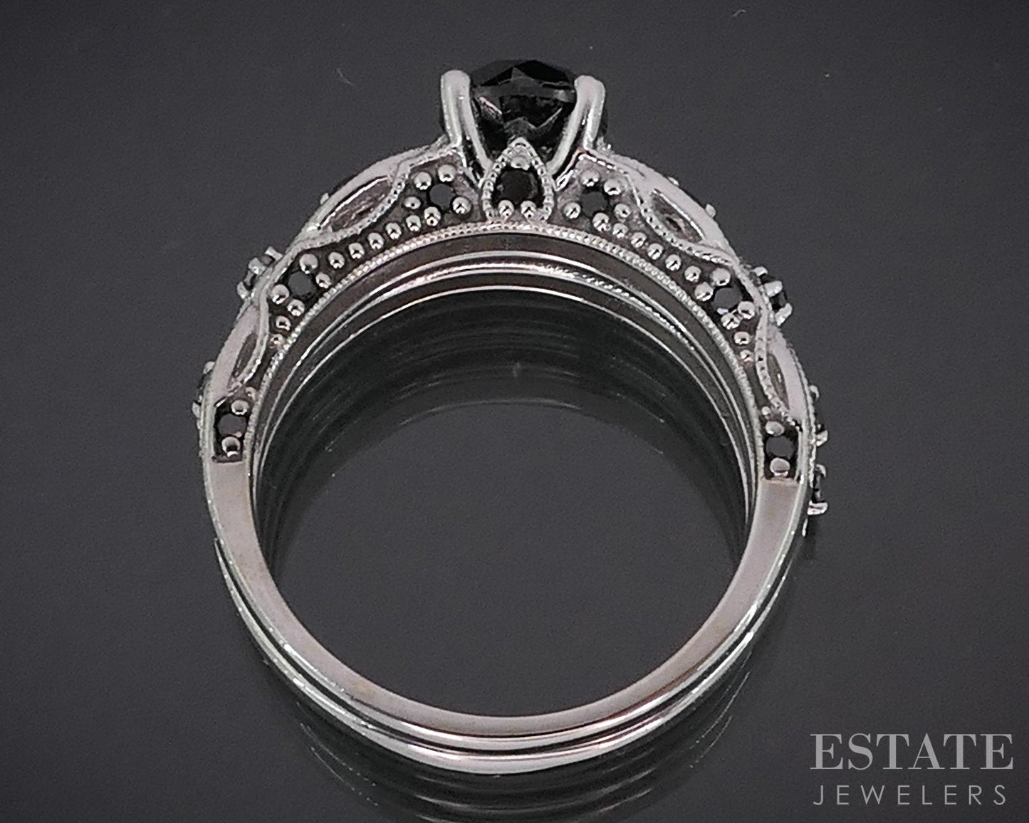 10k White Gold Round Natural 1.12ctw Black Diamond Wedding Set 5.7g i19159