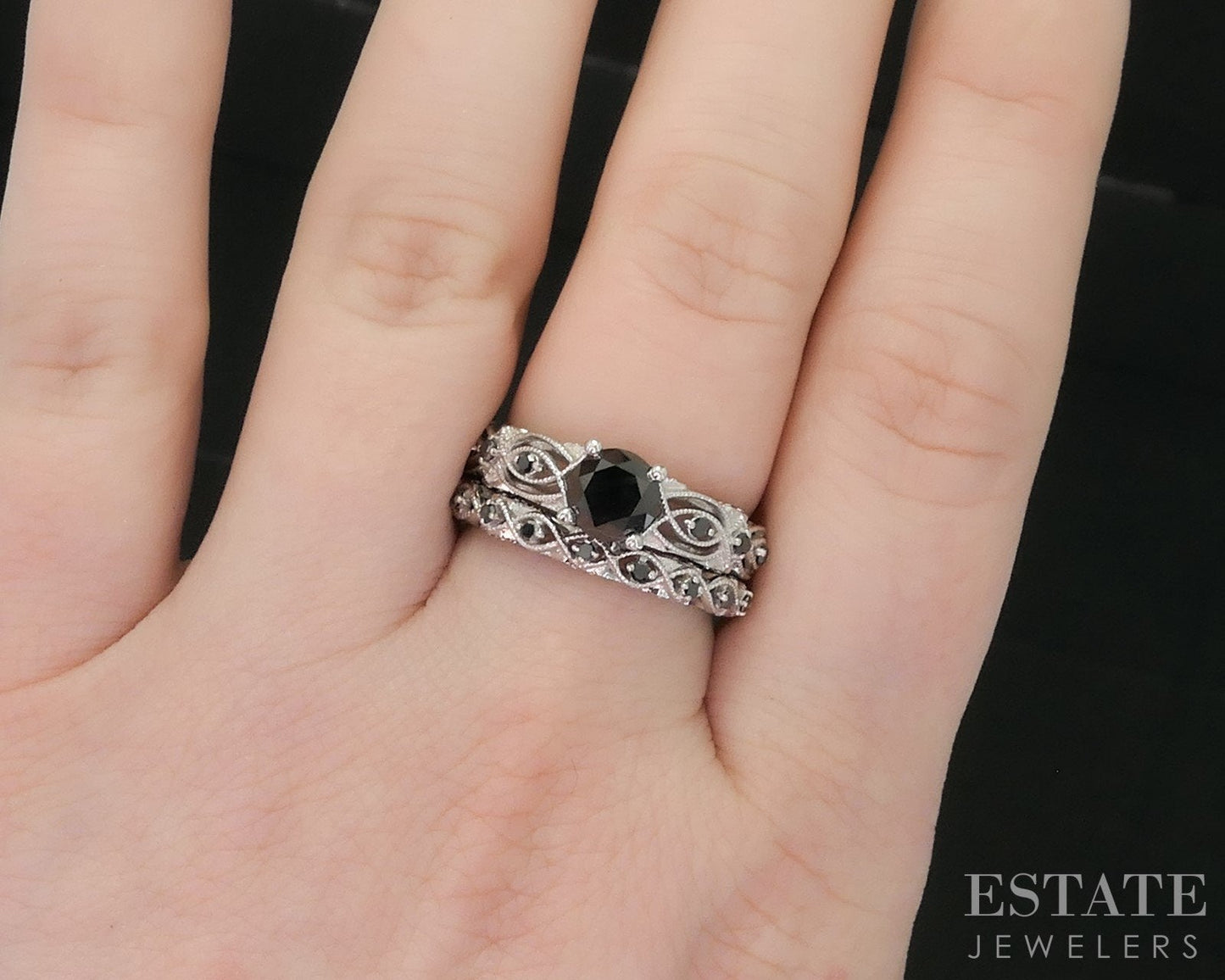 10k White Gold Round Natural 1.12ctw Black Diamond Wedding Set 5.7g i19159