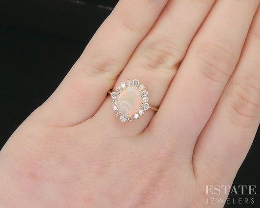 14k Yellow Gold Oval Natural Opal & Diamond Halo Ladies Ring 3.3g i19150