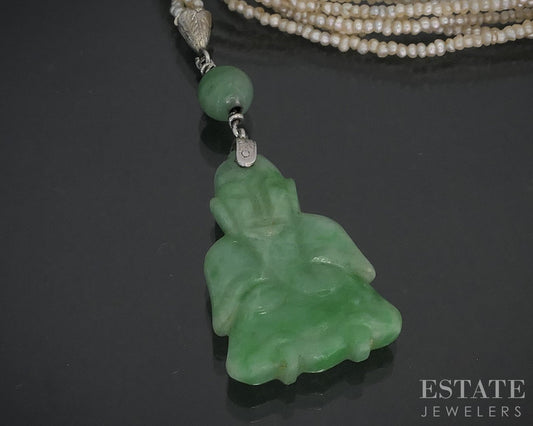 Antique Art Deco Platinum Jade Buddha Seed Pearl Sautoir Necklace 34"L i19182