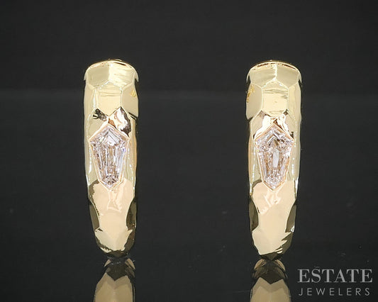 18k Yellow Gold Kite Shaped Natural .44ctw Diamond Hoop Earrings 4.5g i19188