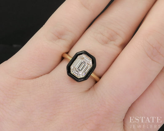 18k Yellow Gold Natural .86ctw Diamond & Black Agate Halo Shield Ring 4g i19185