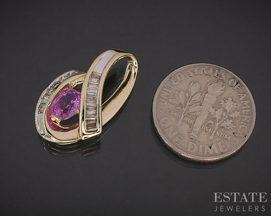 14k Yellow Gold Natural Pink Sapphire & Diamond Ladies Pendant 2.6g i19207
