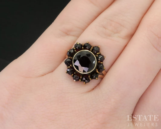Antique Victorian 9k Yellow Gold Natural Bohemian Garnet Cluster Ring 3g i19209