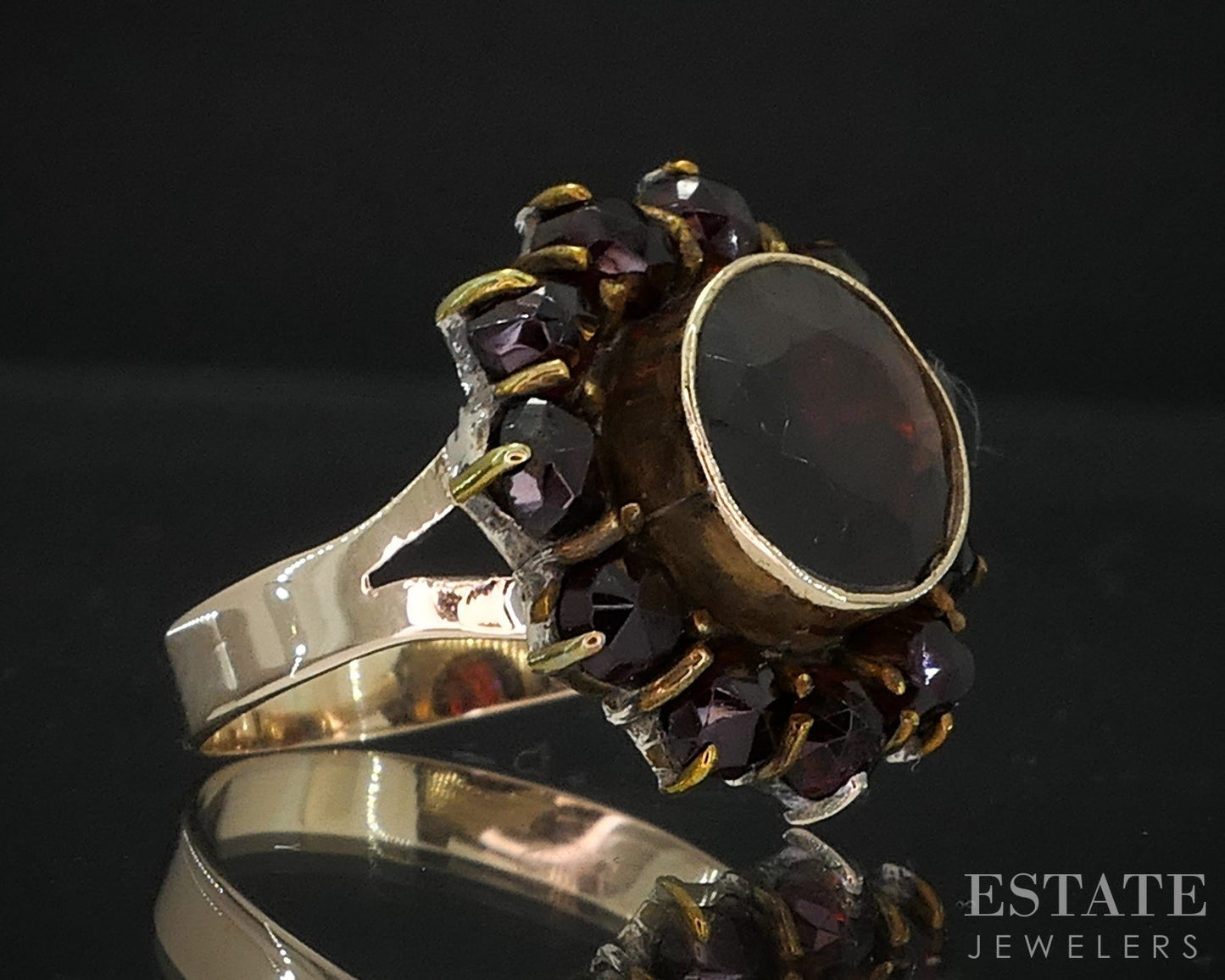 Antique Victorian 9k Yellow Gold Natural Bohemian Garnet Cluster Ring 3g i19209