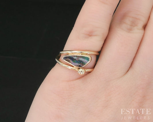 14k Yellow Gold Natural Boulder Opal Ladies Crossover Band Ring 4.1g i19210