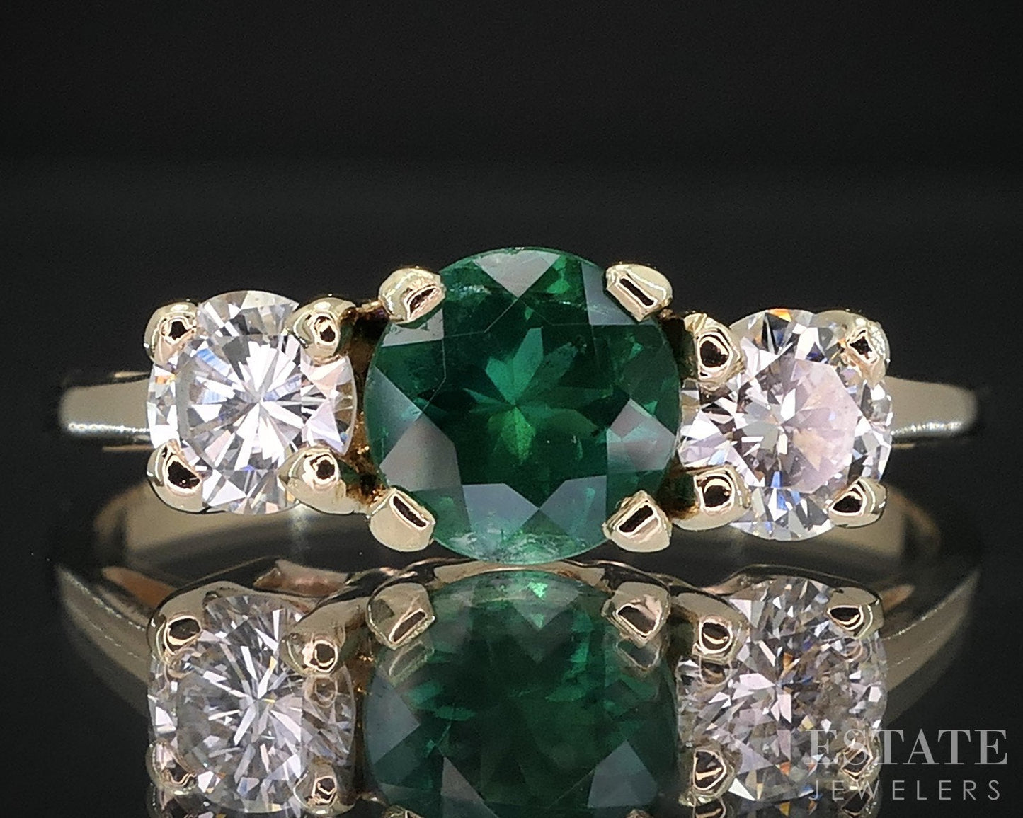 14k Yellow Gold Round Natural Emerald & Diamond Three Stone Ring 2.6g i19203