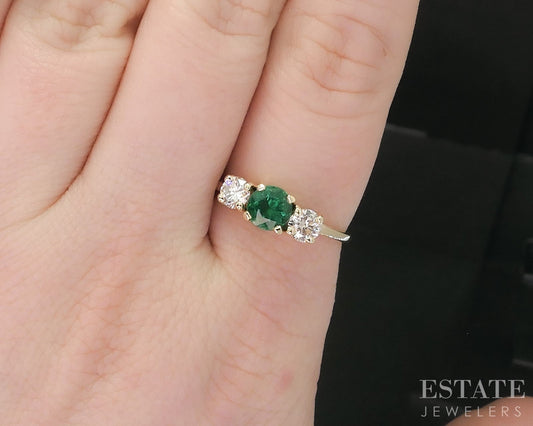 14k Yellow Gold Round Natural Emerald & Diamond Three Stone Ring 2.6g i19203